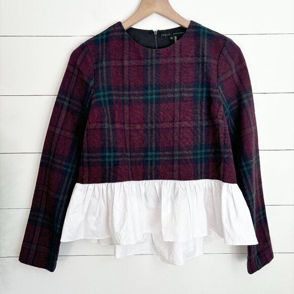 English Factory x Anthropologie plaid long sleeve top with white ruffle bottom - Picture 1 of 5